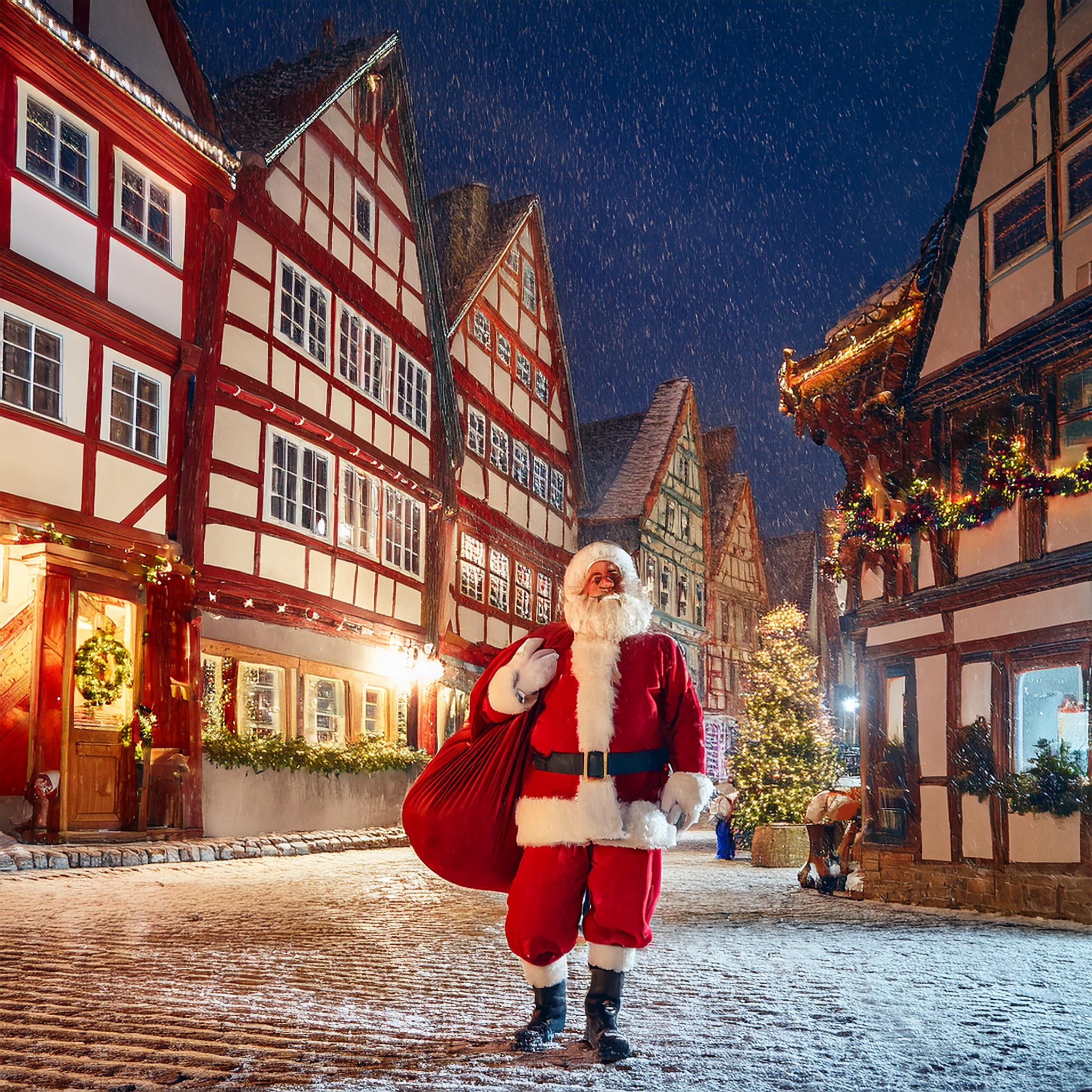 Fotobox Momentwerk - Firefly Create a festive winter scene featuring a cheerful Santa Claus in the center, dressed in a t 